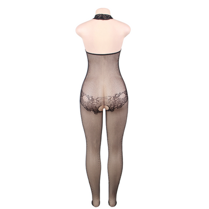 QUEEN LINGERIE - BODYSTOCKING WITH OPENING AND FLORAL LACE S/L