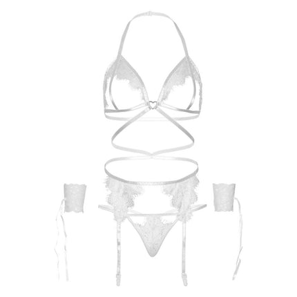 LEG AVENUE - FOUR PIECES SET BRA, G-STRING, GARTER BELT & WRIST CUFFS ONE SIZE - BLACK