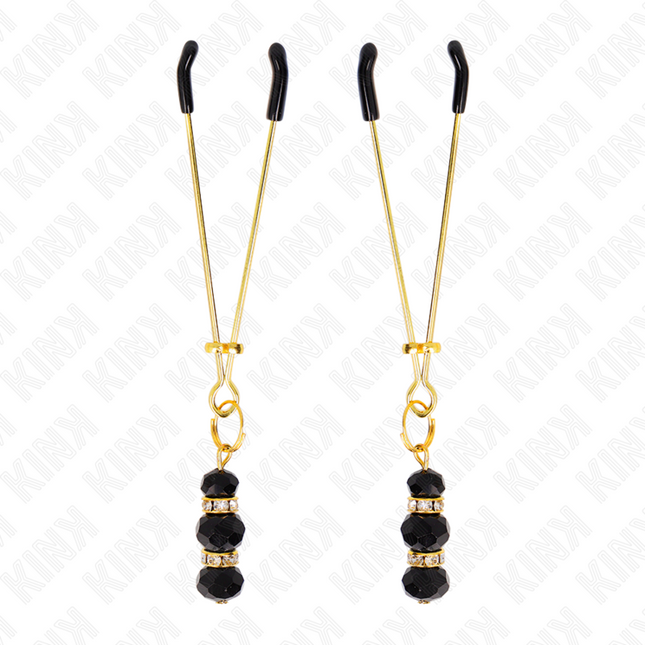 KINK - GOLD THIN NIPPLE CLAMPS WITH 3 BLACK GLASS BEADS 7 CM